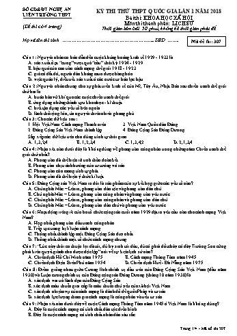 Đề thi thử THPT QG lần 1 môn Lịch sử Năm 2018 (Mã đề 307) - Trường THPT Liên Trường (Kèm đáp án)