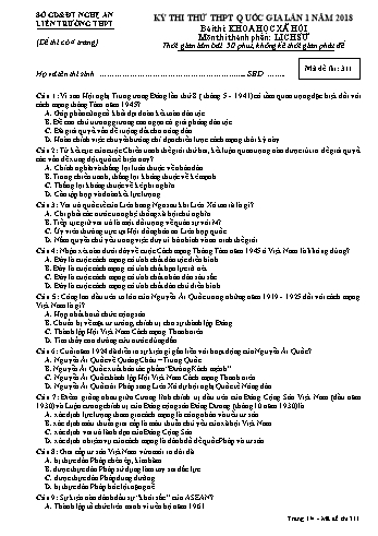 Đề thi thử THPT QG lần 1 môn Lịch sử Năm 2018 (Mã đề 311) - Trường THPT Liên Trường (Kèm đáp án)