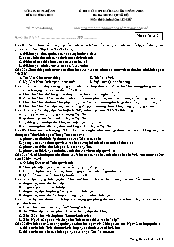 Đề thi thử THPT QG lần 1 môn Lịch sử Năm 2018 (Mã đề 312) - Trường THPT Liên Trường (Kèm đáp án)