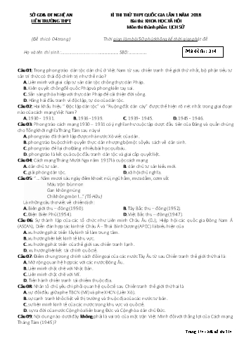 Đề thi thử THPT QG lần 1 môn Lịch sử Năm 2018 (Mã đề 314) - Trường THPT Liên Trường (Kèm đáp án)