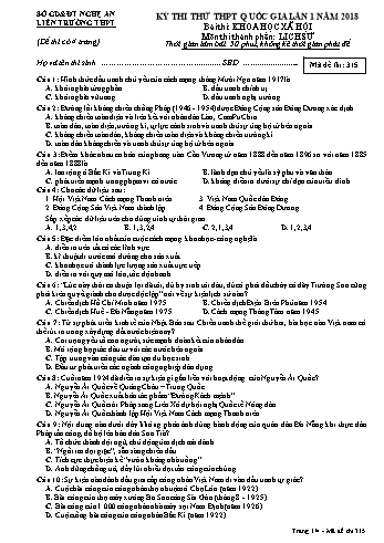 Đề thi thử THPT QG lần 1 môn Lịch sử Năm 2018 (Mã đề 315) - Trường THPT Liên Trường (Kèm đáp án)