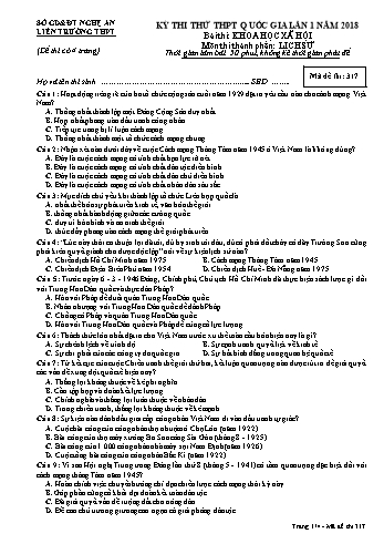Đề thi thử THPT QG lần 1 môn Lịch sử Năm 2018 (Mã đề 317) - Trường THPT Liên Trường (Kèm đáp án)