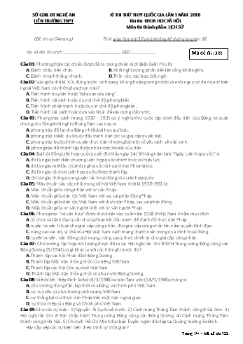 Đề thi thử THPT QG lần 1 môn Lịch sử Năm 2018 (Mã đề 322) - Trường THPT Liên Trường (Kèm đáp án)
