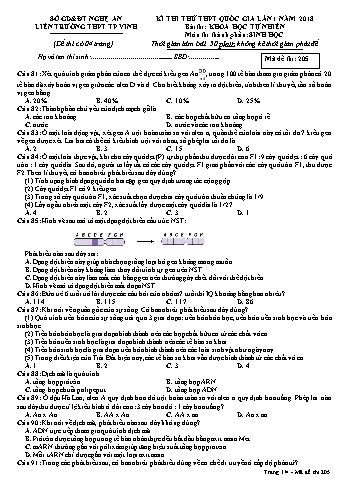 Đề thi thử THPT QG lần 1 môn Sinh học Năm 2018 (Mã đề 205) - Trường THPT Liên Trường (Kèm đáp án)