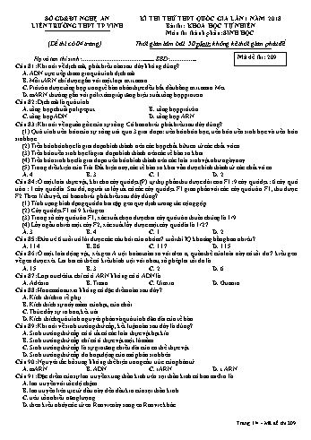Đề thi thử THPT QG lần 1 môn Sinh học Năm 2018 (Mã đề 209) - Trường THPT Liên Trường (Kèm đáp án)