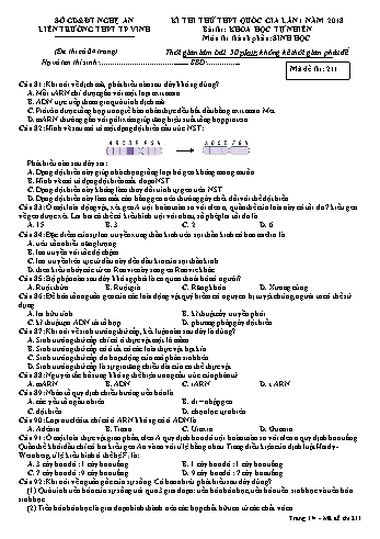 Đề thi thử THPT QG lần 1 môn Sinh học Năm 2018 (Mã đề 211) - Trường THPT Liên Trường (Kèm đáp án)