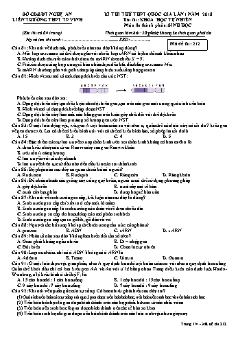 Đề thi thử THPT QG lần 1 môn Sinh học Năm 2018 (Mã đề 212) - Trường THPT Liên Trường (Kèm đáp án)