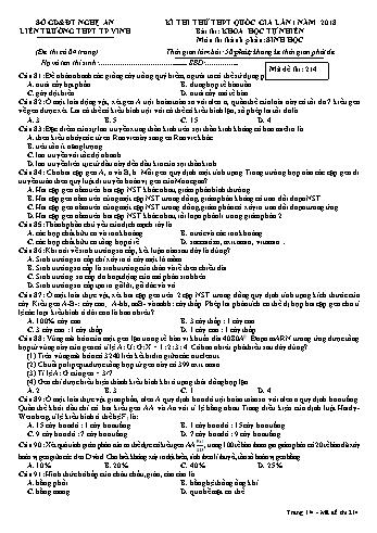 Đề thi thử THPT QG lần 1 môn Sinh học Năm 2018 (Mã đề 214) - Trường THPT Liên Trường (Kèm đáp án)