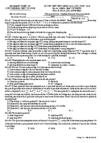 Đề thi thử THPT QG lần 1 môn Sinh học Năm 2018 (Mã đề 216) - Trường THPT Liên Trường (Kèm đáp án)