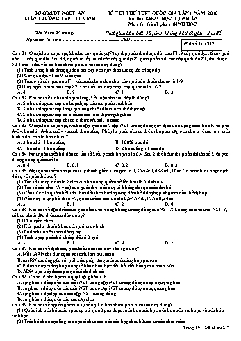 Đề thi thử THPT QG lần 1 môn Sinh học Năm 2018 (Mã đề 217) - Trường THPT Liên Trường (Kèm đáp án)