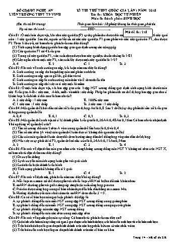Đề thi thử THPT QG lần 1 môn Sinh học Năm 2018 (Mã đề 218) - Trường THPT Liên Trường (Kèm đáp án)