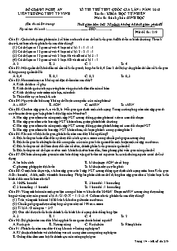 Đề thi thử THPT QG lần 1 môn Sinh học Năm 2018 (Mã đề 219) - Trường THPT Liên Trường (Kèm đáp án)