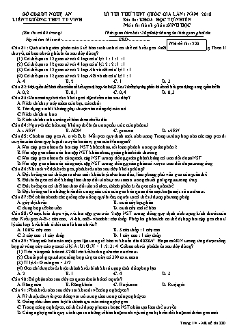 Đề thi thử THPT QG lần 1 môn Sinh học Năm 2018 (Mã đề 220) - Trường THPT Liên Trường (Kèm đáp án)