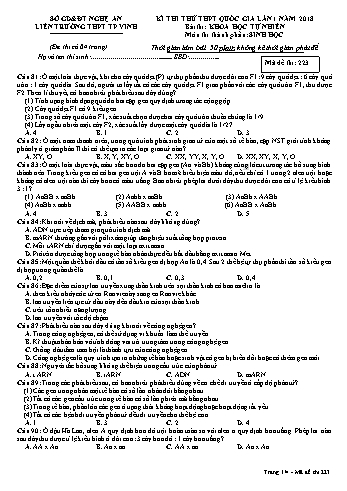 Đề thi thử THPT QG lần 1 môn Sinh học Năm 2018 (Mã đề 223) - Trường THPT Liên Trường (Kèm đáp án)