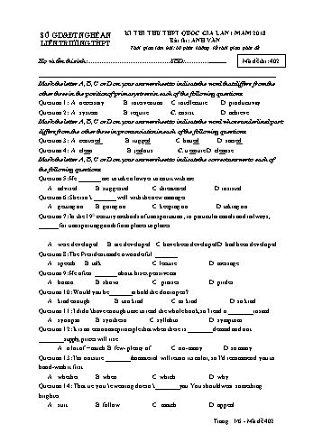 Đề thi thử THPT QG lần 1 môn Tiếng Anh Năm 2018 (Mã đề 402) - Trường THPT Liên Trường (Kèm đáp án)