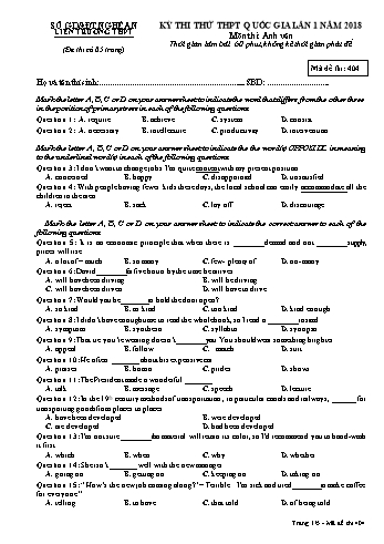 Đề thi thử THPT QG lần 1 môn Tiếng Anh Năm 2018 (Mã đề 404) - Trường THPT Liên Trường (Kèm đáp án)