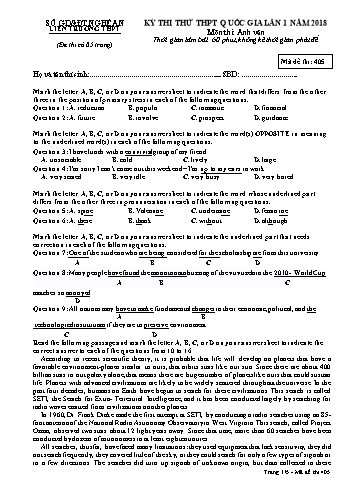 Đề thi thử THPT QG lần 1 môn Tiếng Anh Năm 2018 (Mã đề 405) - Trường THPT Liên Trường (Kèm đáp án)