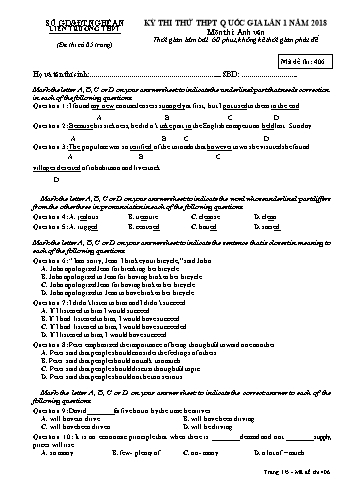 Đề thi thử THPT QG lần 1 môn Tiếng Anh Năm 2018 (Mã đề 406) - Trường THPT Liên Trường (Kèm đáp án)