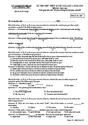 Đề thi thử THPT QG lần 1 môn Tiếng Anh Năm 2018 (Mã đề 407) - Trường THPT Liên Trường (Kèm đáp án)