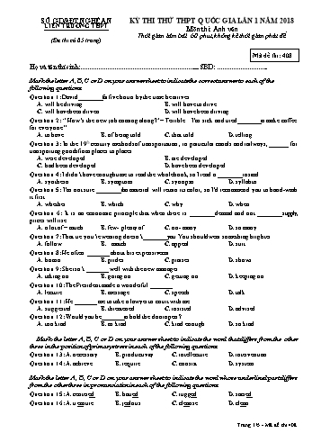Đề thi thử THPT QG lần 1 môn Tiếng Anh Năm 2018 (Mã đề 408) - Trường THPT Liên Trường (Kèm đáp án)