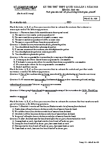 Đề thi thử THPT QG lần 1 môn Tiếng Anh Năm 2018 (Mã đề 409) - Trường THPT Liên Trường (Kèm đáp án)