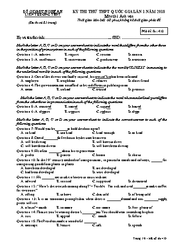 Đề thi thử THPT QG lần 1 môn Tiếng Anh Năm 2018 (Mã đề 410) - Trường THPT Liên Trường (Kèm đáp án)