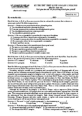 Đề thi thử THPT QG lần 1 môn Tiếng Anh Năm 2018 (Mã đề 411) - Trường THPT Liên Trường (Kèm đáp án)