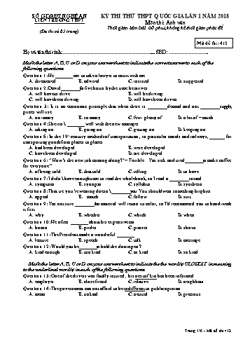 Đề thi thử THPT QG lần 1 môn Tiếng Anh Năm 2018 (Mã đề 412) - Trường THPT Liên Trường (Kèm đáp án)