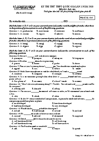 Đề thi thử THPT QG lần 1 môn Tiếng Anh Năm 2018 (Mã đề 414) - Trường THPT Liên Trường (Kèm đáp án)