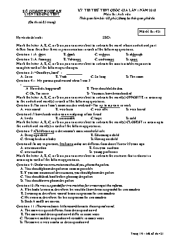 Đề thi thử THPT QG lần 1 môn Tiếng Anh Năm 2018 (Mã đề 421) - Trường THPT Liên Trường (Kèm đáp án)