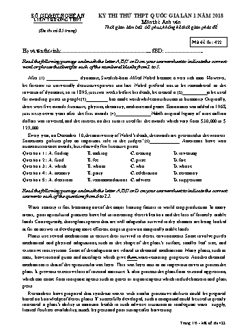 Đề thi thử THPT QG lần 1 môn Tiếng Anh Năm 2018 (Mã đề 422) - Trường THPT Liên Trường (Kèm đáp án)