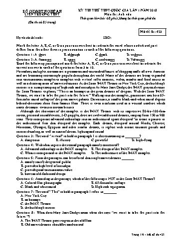 Đề thi thử THPT QG lần 1 môn Tiếng Anh Năm 2018 (Mã đề 423) - Trường THPT Liên Trường (Kèm đáp án)