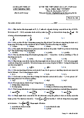 Đề thi thử THPT QG lần 1 môn Vật lí Năm 2018 (Mã đề 205) - Trường THPT Liên Trường (Kèm đáp án)
