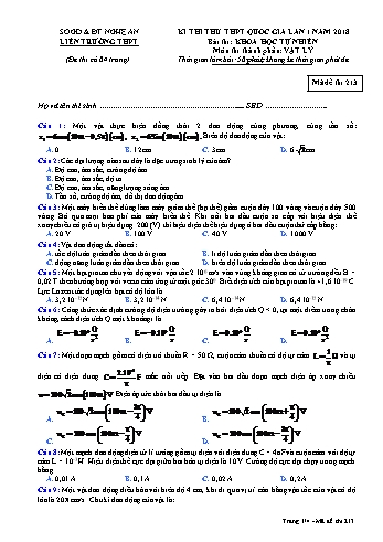 Đề thi thử THPT QG lần 1 môn Vật lí Năm 2018 (Mã đề 213) - Trường THPT Liên Trường (Kèm đáp án)