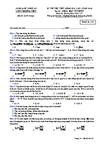 Đề thi thử THPT QG lần 1 môn Vật lí Năm 2018 (Mã đề 215) - Trường THPT Liên Trường (Kèm đáp án)