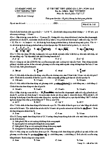 Đề thi thử THPT QG lần 1 môn Vật lí Năm 2018 (Mã đề 218) - Trường THPT Liên Trường (Kèm đáp án)