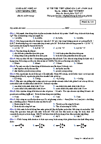 Đề thi thử THPT QG lần 1 môn Vật lí Năm 2018 (Mã đề 219) - Trường THPT Liên Trường (Kèm đáp án)