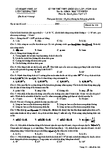 Đề thi thử THPT QG lần 1 môn Vật lí Năm 2018 (Mã đề 222) - Trường THPT Liên Trường (Kèm đáp án)
