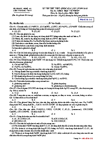 Đề thi thử THPT QG lần 2 môn Hóa học Năm 2018 (Mã đề 212) - Trường THPT Liên Trường (Kèm đáp án)