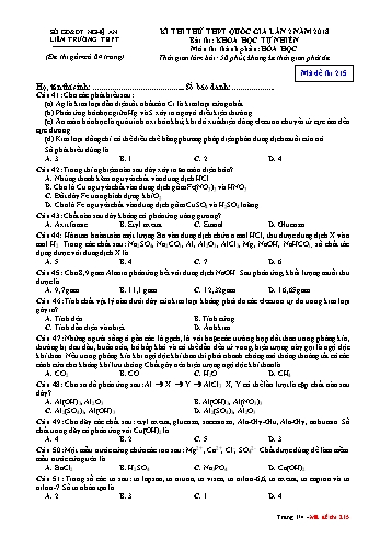 Đề thi thử THPT QG lần 2 môn Hóa học Năm 2018 (Mã đề 215) - Trường THPT Liên Trường (Kèm đáp án)