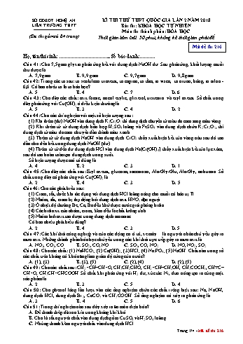 Đề thi thử THPT QG lần 2 môn Hóa học Năm 2018 (Mã đề 216) - Trường THPT Liên Trường (Kèm đáp án)