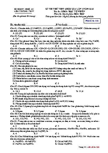 Đề thi thử THPT QG lần 2 môn Hóa học Năm 2018 (Mã đề 222) - Trường THPT Liên Trường (Kèm đáp án)