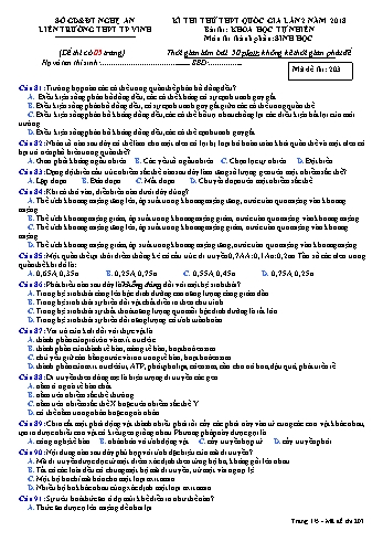 Đề thi thử THPT QG lần 2 môn Sinh học Năm 2018 (Mã đề 203) - Trường THPT Liên Trường (Kèm đáp án)