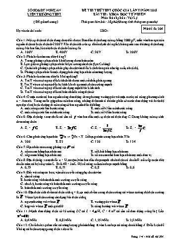 Đề thi thử THPT QG lần 2 môn Vật lí Năm 2018 (Mã đề 204) - Trường THPT Liên Trường (Kèm đáp án)