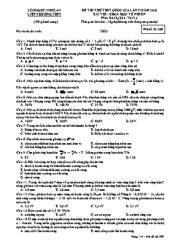 Đề thi thử THPT QG lần 2 môn Vật lí Năm 2018 (Mã đề 208) - Trường THPT Liên Trường (Kèm đáp án)