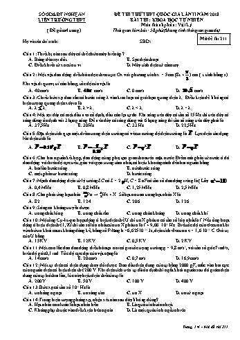 Đề thi thử THPT QG lần 2 môn Vật lí Năm 2018 (Mã đề 211) - Trường THPT Liên Trường (Kèm đáp án)