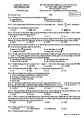 Đề thi thử THPT QG lần 2 môn Vật lí Năm 2018 (Mã đề 212) - Trường THPT Liên Trường (Kèm đáp án)