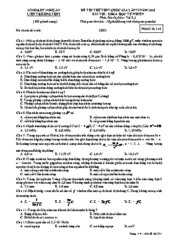 Đề thi thử THPT QG lần 2 môn Vật lí Năm 2018 (Mã đề 214) - Trường THPT Liên Trường (Kèm đáp án)