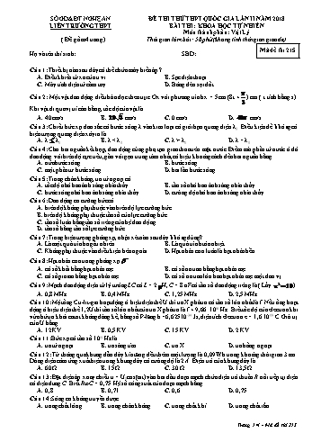 Đề thi thử THPT QG lần 2 môn Vật lí Năm 2018 (Mã đề 215) - Trường THPT Liên Trường (Kèm đáp án)