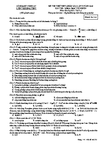 Đề thi thử THPT QG lần 2 môn Vật lí Năm 2018 (Mã đề 216) - Trường THPT Liên Trường (Kèm đáp án)
